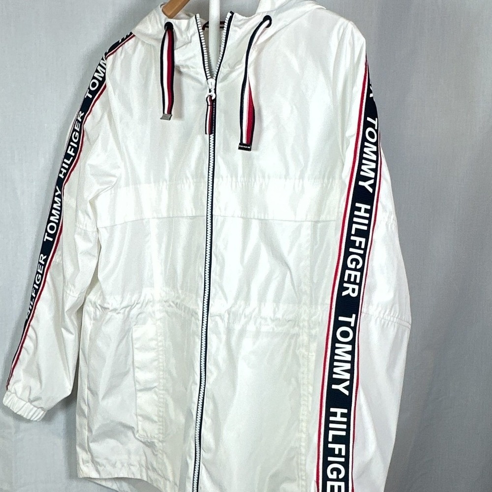 Tommy Hilfiger Womens White Logo Tape Hooded Rain Jacket Windbreaker S TW1MP368
